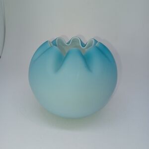 Vintage Fenton Satin Glass Rose Bowl Vase Cased Blue Art Glass Hand Blown